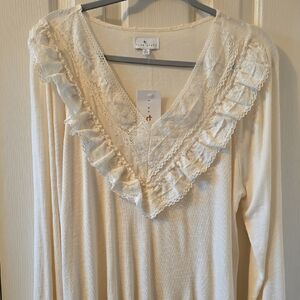 TRUE CRAFT BRAND WOMEN'S JUNIOR IVORY LONG SLEEVES PULLOVER RIBBED LACY TOP XL
